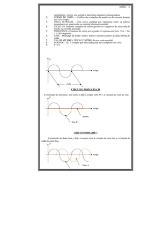 SENAI 8
(amplitude) e inverte seu sentido a intervalos regulares (milisegundos).
2. FORMA DE ONDA — Gráfico das variações da tensão ou da corrente durante
um certo tempo.
3. ONDA SENOIDAL - Uma curva contínua que representa todos os valores
instantâneos de uma tensão ou corrente alternada senoidal.
4. CICLO Um conjunto completo de valores positivos e negativos de uma onda de
tensão ou corrente alternada.
5. FREQUÊNCIAO número de ciclos por segundo. E expressa em hertz (Hz). 1 Hz
= 1 ciclo/segundo.
6. FASE - Diferença de tempo relativa entre os mesmos pontos de duas formas de
onda.
7. VALOR MÁXIMO, EFICAZ E MËDIO de unia onda senoidal.
8. PERÍODO (T) - É o tempo que uma onda gasta para completar um ciclo.
9. F=1/T
E
tempo
ciclo
CIRCUITO MONOFÁSICO
Constituído de uma fase e um neutro a ddp é sempre entre 0V e a variação da onda da fase.
E
tempo
neutro
fase R
CIRCUITO BIFÁSICO
Constituído de duas fases, a ddp. é sempre entre a variação de uma fase e a variação da
onda da outra fase.
E
tempo
Fase S
 