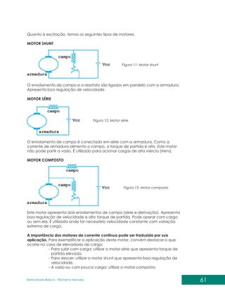 61
Eletricidade Básica - Filomena des
Men
Quanto à excitação, temos os seguintes tipos de motores:
MOTOR SHUNT
Figura 11: Motor shunt
O enrolamento de campo e o reostato são ligados em paralelo com a armadura.
Apresenta boa regulação de velocidade.
MOTOR SÉRIE
Figura 12: Motor série
O enrolamento de campo é conectado em série com a armadura. Como a
corrente de armadura alimenta o campo, o torque de partida é alto. Este motor
não pode partir a vazio. É utilizado para acionar cargas de alta inércia (trens).
MOTOR COMPOSTO
Figura 13: Motor composto
Este motor apresenta dois enrolamentos de campo (série e derivação). Apresenta
boa regulação de velocidade e alto torque de partida. Pode operar com carga
ou sem ela. É utilizado onde for necessário velocidade constante com variação
extrema de carga.
A importância dos motores de corrente contínua pode ser traduzida por sua
aplicação. Para exemplificar a aplicação deste motor, convém destacar o que
ocorre no caso de elevadores de carga:
- Para subir com carga: utilizar o motor série que apresenta torque de
partida elevado.
- Para descer: utilizar o motor shunt que apresenta boa regulação de
velocidade.
- A vazio ou com pouca carga: utilizar o motor composto.
 