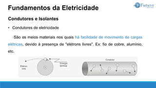 Condutores e Isolantes
• Condutores de eletricidade
São os meios materiais nos quais há facilidade de movimento de cargas
elétricas, devido à presença de "elétrons livres". Ex: fio de cobre, alumínio,
etc.
Fundamentos da Eletricidade
 