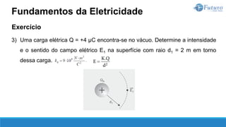 Exercício
3) Uma carga elétrica Q = +4 µC encontra-se no vácuo. Determine a intensidade
e o sentido do campo elétrico E1 na superfície com raio d1 = 2 m em torno
dessa carga.
Fundamentos da Eletricidade
 