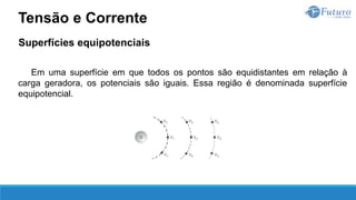 Superfícies equipotenciais
Em uma superfície em que todos os pontos são equidistantes em relação à
carga geradora, os potenciais são iguais. Essa região é denominada superfície
equipotencial.
Tensão e Corrente
 
