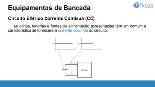 Circuito Elétrico Corrente Contínua (CC)
As pilhas, baterias e fontes de alimentação apresentadas têm em comum a
característica de fornecerem corrente contínua ao circuito.
Equipamentos de Bancada
 