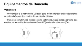 Voltímetro
O voltímetro é o instrumento utilizado para medir a tensão elétrica (diferença
de potencial) entre dois pontos de um circuito elétrico.
Para que o multímetro funcione como voltímetro, basta selecionar uma das
escalas para medida de tensão contínua (CC) ou tensão alternada (CA).
Equipamentos de Bancada
 
