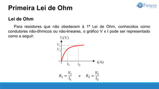 Lei de Ohm
Para resistores que não obedecem à 1ª Lei de Ohm, conhecidos como
condutores não-ôhmicos ou não-lineares, o gráfico V x I pode ser representado
como a seguir:
𝑅1 =
𝑉1
𝐼1
𝑒 𝑅2 =
𝑉2
𝐼2
Primeira Lei de Ohm
 