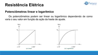 Potenciômetros linear e logarítmico
Os potenciômetros podem ser linear ou logarítmico dependendo de como
varia o seu valor em função da ação da haste de ajuste.
Resistência Elétrica
 
