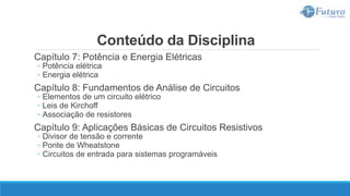 Conteúdo da Disciplina
Capítulo 7: Potência e Energia Elétricas
◦ Potência elétrica
◦ Energia elétrica
Capítulo 8: Fundamentos de Análise de Circuitos
◦ Elementos de um circuito elétrico
◦ Leis de Kirchoff
◦ Associação de resistores
Capítulo 9: Aplicações Básicas de Circuitos Resistivos
◦ Divisor de tensão e corrente
◦ Ponte de Wheatstone
◦ Circuitos de entrada para sistemas programáveis
 