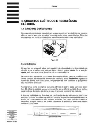 Elétrica
____________________________________________________________
____________________________________________________________11/11
Operador de Mina
2
2.
. F
FU
UN
ND
DA
AM
ME
EN
NT
TO
OS
S D
DA
A C
CO
OR
RR
RE
EN
NT
TE
E C
CO
ON
NT
TÍ
ÍN
NU
UA
A
2.1 ELETRIZAÇÃO
O estudo da eletricidade é organizado em dois campos: a eletrostática e a
eletrodinâmica.
Eletrostática
Eletrostática é a parte da eletricidade que estuda a eletricidade estática. Dá-se o
nome de eletricidade estática à eletricidade produzida por cargas elétricas em
repouso em um corpo.
Na eletricidade estática, estudamos as propriedades e a ação mútua das cargas
elétricas em repouso nos corpos eletrizados.
Um corpo se eletriza negativamente (-) quando ganha elétrons e positivamente
(+) quando perde elétrons.
Entre corpos eletrizados, ocorre o efeito da atração quando as cargas elétricas
têm sinais contrários. O efeito da repulsão acontece quando as cargas elétricas
dos corpos eletrizados têm sinais iguais.
Figura 2.1
No estado natural, qualquer porção de matéria é eletricamente neutra. Isso
significa que, se nenhum agente externo atuar sobre uma determinada porção da
matéria, o número total de prótons e elétrons dos seus átomos será igual.
Essa condição de equilíbrio elétrico natural da matéria pode ser desfeita, de forma
que um corpo deixe de ser neutro e fique carregado eletricamente.
O processo pelo qual se faz com que um corpo eletricamente neutro fique
carregado é chamado eletrização.
A maneira mais comum de provocar eletrização é por meio de atrito. Quando se
usa um pente, por exemplo, o atrito provoca uma eletrização negativa do pente,
isto é , o pente ganha elétrons.
 