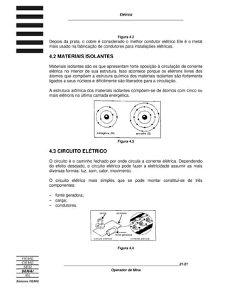 Elétrica
____________________________________________________________
____________________________________________________________12/12
Operador de Mina
Figura 2.2
Ao aproximarmos o pente negativamente de pequenos pedaços de papel, estes
são atraídos momentaneamente pelo pente, comprovando a existência da
eletrização.
Figura 2.3
A eletrização pode ainda ser obtida por outros processos como, por exemplo, por
contato ou por indução. Em qualquer processo, contudo, obtém-se corpos
carregados eletricamente.
Descargas Elétricas
Sempre que dois corpos com cargas elétricas contrárias são colocados próximos
um do outro, em condições favoráveis, o excesso de elétrons de um deles é
atraído na direção daquele que está com falta de elétrons, sob a forma de uma
descarga elétrica. Essa descarga pode ser dar por contato ou por arco.
Quando dois materiais possuem grande diferença de cargas elétricas, uma
grande quantidade de carga elétrica negativa pode passar de um material para
outro pelo ar. Essa é a descarga elétrica por arco.
 