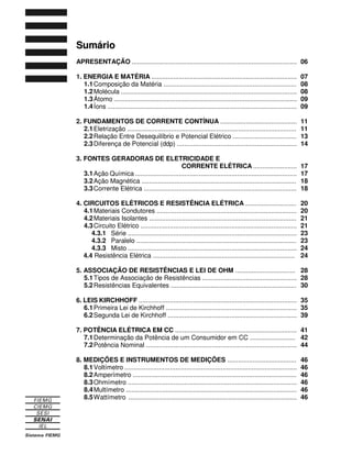 S
Su
um
má
ár
ri
io
o
APRESENTAÇÃO ...........................................................................................
1. ENERGIA E MATÉRIA ................................................................................
1.1Composição da Matéria .........................................................................
1.2Molécula .................................................................................................
1.3Átomo .....................................................................................................
1.4Íons ........................................................................................................
2. FUNDAMENTOS DE CORRENTE CONTÍNUA ..........................................
2.1Eletrização .............................................................................................
2.2Relação Entre Desequilíbrio e Potencial Elétrico ...................................
2.3Diferença de Potencial (ddp) ..................................................................
3. FONTES GERADORAS DE ELETRICIDADE E
CORRENTE ELÉTRICA ........................
3.1Ação Química .........................................................................................
3.2Ação Magnética .....................................................................................
3.3Corrente Elétrica ....................................................................................
4. CIRCUITOS ELÉTRICOS E RESISTÊNCIA ELÉTRICA ............................
4.1Materiais Condutores .............................................................................
4.2Materiais Isolantes .................................................................................
4.3Circuito Elétrico ......................................................................................
4.3.1 Série .............................................................................................
4.3.2 Paralelo ........................................................................................
4.3.3 Misto .............................................................................................
4.4 Resistência Elétrica ..............................................................................
5. ASSOCIAÇÃO DE RESISTÊNCIAS E LEI DE OHM .................................
5.1Tipos de Associação de Resistências ....................................................
5.2Resistências Equivalentes .....................................................................
6. LEIS KIRCHHOFF .......................................................................................
6.1Primeira Lei de Kirchhoff ........................................................................
6.2Segunda Lei de Kirchhoff .......................................................................
7. POTÊNCIA ELÉTRICA EM CC ...................................................................
7.1Determinação da Potência de um Consumidor em CC .........................
7.2Potência Nominal ...................................................................................
8. MEDIÇÕES E INSTRUMENTOS DE MEDIÇÕES ......................................
8.1Voltímetro ...............................................................................................
8.2Amperímetro ..........................................................................................
8.3Ohmímetro .............................................................................................
8.4Multímetro ..............................................................................................
8.5Wattímetro .............................................................................................
06
07
08
08
09
09
11
11
13
14
17
17
18
18
20
20
21
21
23
23
24
24
28
28
30
35
35
39
41
42
44
46
46
46
46
46
46
 