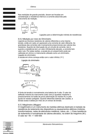 Elétrica
____________________________________________________________
Nas medições de grande precisão, devem ser levadas em
consideração a resistência interna e a corrente absorvida pelo
instrumento de medição.
Ligações para a determinação indireta de resistências
6.5.2 Medição por meio de Ohmímetro.
Ligando-se diversos resistores de valores diferentes a uma mesma
tensão, então em cada um aparecerá uma corrente de valor diferente. As
grandezas das correntes são inversamente proporcionais aso valores dos
resistores. Quando da interrupção de um circuito de corrente, isto é,
quando a resistência tem um valor infinitamente elevado, a corrente terá
valor nulo. Por estas razões, a escala de um amperímetro pode ser
calibrada em ohms e o instrumento utilizado como um ohmímetro.
Ligação do ohmímetro
A escala em ohms começa então com o valor infinito ( ∞ )
A fonte de tensão é normalmente uma bateria de 4 volts. O valor da
deflexão máxima do instrumento (valor zero) é ajustado mediante o
pressionamento do botão de prova (eliminação do resistor Rx) e pelo
ajuste do resistor preligado. Quando diferentes baterias são usadas, a
tensão exata é obtida por meio de um divisor de tensão.
6.5.3 Megômetro (Megger)
O megôhmetro é um instrumento de medidas elétricas destinado à medição da
resistência de isolamento dos dispositivos ou equipamentos elétricos (motores,
transformadores, redes de eletrodutos metálicos, cabos, etc...). Essa resistência
de isolamento é normalmente de valores elevados, na ordem de megohms (M.).
O valor de 1 M. = 1 000 000
____________________________________________________________23/56
Mantenedor Eletroeletrônico
 