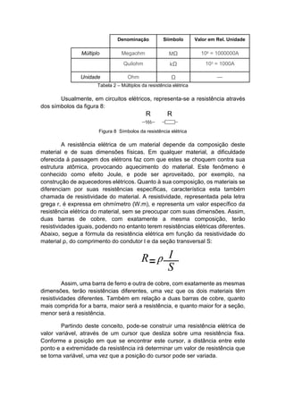 Denominação 
Siímbolo 
Valor em Rel. Unidade 
Múltiplo 
Megaohm 
MΩ 
106 = 1000000A 
Quilohm 
kΩ 
103 = 1000A 
Unidade 
Ohm 
Ω 
— 
Tabela 2 – Múltiplos da resistência elétrica 
Usualmente, em circuitos elétricos, representa-se a resistência através dos símbolos da figura 8: 
Figura 8 Símbolos da resistência elétrica 
A resistência elétrica de um material depende da composição deste material e de suas dimensões físicas. Em qualquer material, a dificuldade oferecida à passagem dos elétrons faz com que estes se choquem contra sua estrutura atômica, provocando aquecimento do material. Este fenômeno é conhecido como efeito Joule, e pode ser aproveitado, por exemplo, na construção de aquecedores elétricos. Quanto à sua composição, os materiais se diferenciam por suas resistências específicas, característica esta também chamada de resistividade do material. A resistividade, representada pela letra grega r, é expressa em ohmímetro (W.m), e representa um valor específico da resistência elétrica do material, sem se preocupar com suas dimensões. Assim, duas barras de cobre, com exatamente a mesma composição, terão resistividades iguais, podendo no entanto terem resistências elétricas diferentes. Abaixo, segue a fórmula da resistência elétrica em função da resistividade do material ρ, do comprimento do condutor l e da seção transversal S: 
Assim, uma barra de ferro e outra de cobre, com exatamente as mesmas dimensões, terão resistências diferentes, uma vez que os dois materiais têm resistividades diferentes. Também em relação a duas barras de cobre, quanto mais comprida for a barra, maior será a resistência, e quanto maior for a seção, menor será a resistência. 
Partindo deste conceito, pode-se construir uma resistência elétrica de valor variável, através de um cursor que desliza sobre uma resistência fixa. Conforme a posição em que se encontrar este cursor, a distância entre este ponto e a extremidade da resistência irá determinar um valor de resistência que se torna variável, uma vez que a posição do cursor pode ser variada.  