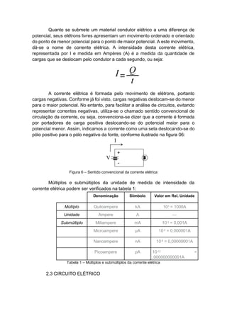 Quanto se submete um material condutor elétrico a uma diferença de potencial, seus elétrons livres apresentam um movimento ordenado e orientado do ponto de menor potencial para o ponto de maior potencial. A este movimento, dá-se o nome de corrente elétrica. A intensidade desta corrente elétrica, representada por I e medida em Ampères (A) é a medida da quantidade de cargas que se deslocam pelo condutor a cada segundo, ou seja: 
A corrente elétrica é formada pelo movimento de elétrons, portanto cargas negativas. Conforme já foi visto, cargas negativas deslocam-se do menor para o maior potencial. No entanto, para facilitar a análise de circuitos, evitando representar correntes negativas, utiliza-se o chamado sentido convencional de circulação da corrente, ou seja, convenciona-se dizer que a corrente é formada por portadores de carga positiva deslocando-se do potencial maior para o potencial menor. Assim, indicamos a corrente como uma seta deslocando-se do pólo positivo para o pólo negativo da fonte, conforme ilustrado na figura 06: 
Figura 6 – Sentido convencional da corrente elétrica 
Múltiplos e submúltiplos da unidade de medida de intensidade da corrente elétrica podem ser verificados na tabela 1: 
Denominação 
Siímbolo 
Valor em Rel. Unidade 
Múltiplo 
Quiloampere 
kA 
103 = 1000A 
Unidade 
Ampere 
A 
— 
Submúltiplo 
Miliampere 
mA 
10-3 = 0,001A 
Microampere 
μA 
10-6 = 0,000001A 
Nanoampere 
nA 
10-9 = 0,00000001A 
Picoampere 
pA 
10-12 = ,000000000001A 
Tabela 1 – Múltiplos e submúltiplos da corrente elétrica 
2.3 CIRCUITO ELÉTRICO  