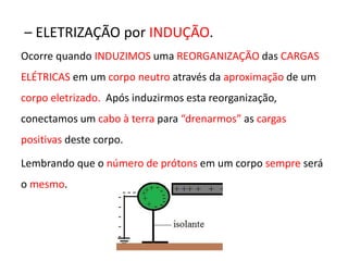 – ELETRIZAÇÃO por INDUÇÃO. 
Ocorre quando INDUZIMOS uma REORGANIZAÇÃO das CARGAS 
ELÉTRICAS em um corpo neutro através da aproximação de um 
corpo eletrizado. Após induzirmos esta reorganização, 
conectamos um cabo à terra para “drenarmos” as cargas 
positivas deste corpo. 
Lembrando que o número de prótons em um corpo sempre será 
o mesmo. 
 
