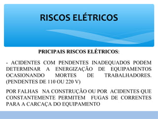 RISCOS ELÉTRICOS
PRICIPAIS RISCOS ELÉTRICOSPRICIPAIS RISCOS ELÉTRICOS::
- ACIDENTES COM PENDENTES INADEQUADOS PODEM
DETERMINAR A ENERGIZAÇÃO DE EQUIPAMENTOS
OCASIONANDO MORTES DE TRABALHADORES.
(PENDENTES DE 110 OU 220 V)
POR FALHAS NA CONSTRUÇÃO OU POR ACIDENTES QUE
CONSTANTEMENTE PERMITEM FUGAS DE CORRENTES
PARA A CARCAÇA DO EQUIPAMENTO
 