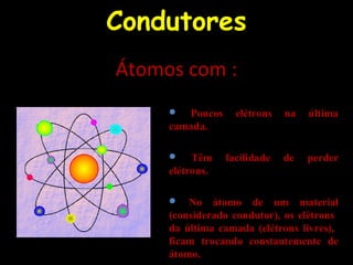 Condutores
Átomos com :
 Poucos elétrons na última
camada.
 Têm facilidade de perder
elétrons.
 No átomo de um material
(considerado condutor), os elétrons
da última camada (elétrons livres),
ficam trocando constantemente de
átomo.
 