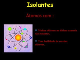 Isolantes
 Muitos elétrons na última camada
são isolantes.
 Tem facilidade de receber
elétrons.
Átomos com :
 
