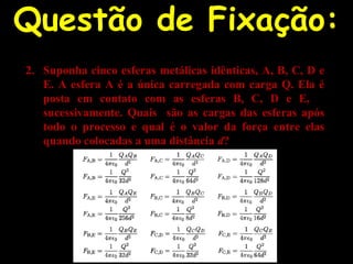 Questão de Fixação:
2. Suponha cinco esferas metálicas idênticas, A, B, C, D e
E. A esfera A é a única carregada com carga Q. Ela é
posta em contato com as esferas B, C, D e E,
sucessivamente. Quais são as cargas das esferas após
todo o processo e qual é o valor da força entre elas
quando colocadas a uma distância d?
 