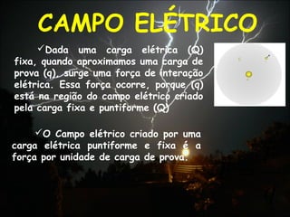 CAMPO ELÉTRICO
Dada uma carga elétrica (Q)
fixa, quando aproximamos uma carga de
prova (q), surge uma força de interação
elétrica. Essa força ocorre, porque (q)
está na região do campo elétrico criado
pela carga fixa e puntiforme (Q)
q
F
E


=
O Campo elétrico criado por uma
carga elétrica puntiforme e fixa é a
força por unidade de carga de prova.
 