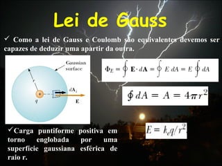 Lei de Gauss
 Como a lei de Gauss e Coulomb são equivalentes devemos ser
capazes de deduzir uma apartir da outra.
Carga puntiforme positiva em
torno englobada por uma
superfície gaussiana esférica de
raio r.
 