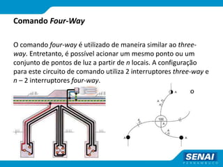 Comando Four-Way
O comando four-way é utilizado de maneira similar ao three-
way. Entretanto, é possível acionar um mesmo ponto ou um
conjunto de pontos de luz a partir de n locais. A configuração
para este circuito de comando utiliza 2 interruptores three-way e
n – 2 interruptores four-way.
Diagrama esquemático
 