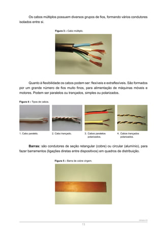 SENAR-PR
13
Os cabos múltiplos possuem diversos grupos de fios, formando vários condutores
isolados entre si.
Figura 3 – Cabo múltiplo.
Quanto à flexibilidade os cabos podem ser: flexíveis e extraflexíveis. São formados
por um grande número de fios muito finos, para alimentação de máquinas móveis e
motores. Podem ser paralelos ou trançados, simples ou polarizados.
Figura 4 – Tipos de cabos.
1. Cabo paralelo. 2. Cabo trançado. 3. Cabos paralelos
polarizados.
4. Cabos trançados
polarizados.
Barras: são condutores de seção retangular (cobre) ou circular (alumínio), para
fazer barramentos (ligações diretas entre dispositivos) em quadros de distribuição.
Figura 5 – Barra de cobre virgem.
 