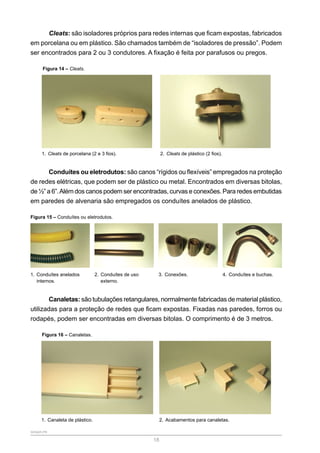 SENAR-PR
18
Cleats: são isoladores próprios para redes internas que ficam expostas, fabricados
em porcelana ou em plástico. São chamados também de “isoladores de pressão”. Podem
ser encontrados para 2 ou 3 condutores. A fixação é feita por parafusos ou pregos.
Figura 14 – Cleats.
1. Cleats de porcelana (2 e 3 fios). 2. Cleats de plástico (2 fios).
Conduítes ou eletrodutos: são canos “rígidos ou flexíveis” empregados na proteção
de redes elétricas, que podem ser de plástico ou metal. Encontrados em diversas bitolas,
de ½” a 6”.Além dos canos podem ser encontradas, curvas e conexões. Para redes embutidas
em paredes de alvenaria são empregados os conduítes anelados de plástico.
Figura 15 – Conduítes ou eletrodutos.
1. Conduítes anelados
internos.
2. Conduítes de uso
externo.
3. Conexões. 4. Conduítes e buchas.
Canaletas: são tubulações retangulares, normalmente fabricadas de material plástico,
utilizadas para a proteção de redes que ficam expostas. Fixadas nas paredes, forros ou
rodapés, podem ser encontradas em diversas bitolas. O comprimento é de 3 metros.
Figura 16 – Canaletas.
1. Canaleta de plástico. 2. Acabamentos para canaletas.
 