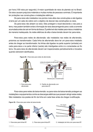 SENAR-PR
26
por hora (100 raios por segundo). A maior quantidade de raios do planeta cai no Brasil.
Os raios causam prejuízos materiais e muitas mortes de pessoas e animais. É importante
ter proteções nas construções e instalações elétricas.
Os para-raios são instalados nos pontos mais altos das construções e são ligados
à terra por um cabo de cobre com o objetivo de desviar das construções os raios.
Os para-raios não atraem os raios. Eles protegem o local desviando o raio para a
terra, mas podem também evitar a formação de raios descarregando para o solo a corrente
acumulada antes de cair em forma de faísca. É preferível não instalar para-raios a instalá-los
de maneira inadequada. As redes elétricas de alta e baixa tensão devem ter para-raios.
Para-raios para redes de alta-tensão: são instalados nas redes de alta-tensão,
próximos ao transformador. Cada linha de alta-tensão deve ter um para-raios instalado
antes de chegar ao transformador. As linhas são ligadas na parte superior (entrada) em
cada para-raios e na parte inferior (saída) são interligadas entre si e conectadas ao fio
terra. Os para-raios de alta-tensão devem ser inspecionados periodicamente e trocados
quando estiverem danificados.
Figura 29 – Para-raios para redes de alta tensão.
Linhas de entrada de alta-tensão
Fusível de
alta-tensão
Para-raios
Para-raios
Fio Neutro
(terra)
Descida para o transformador
1. Para-raios para
alta-tensão.
2. Padrão de alta-tensão com
para-raios AT.
Para-raios para redes de baixa-tensão: os para-raios de baixa-tensão protegem as
instalações e equipamentos contra as descargas elétricas que possam atingir estas redes.
São instalados nos postes de fim de linha em cada fase antes de chegar à edificação.
Figura 30 – Para-raios para redes de baixa-tensão.
Fio neutro
Rede de baixa-tensão
Para-raios
de baixa-
tensão
Fio terra
1. Para-raios para linhas BT. 2. Para-raios para linhas BT. 3. Instalação de linha com para-raios BT.
 