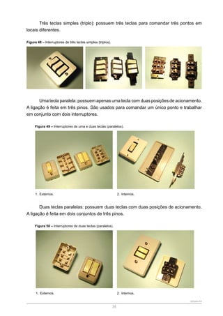 SENAR-PR
35
Três teclas simples (triplo): possuem três teclas para comandar três pontos em
locais diferentes.
Figura 48 – Interruptores de três teclas simples (triplos).
Uma tecla paralela: possuem apenas uma tecla com duas posições de acionamento.
A ligação é feita em três pinos. São usados para comandar um único ponto e trabalhar
em conjunto com dois interruptores.
Figura 49 – Interruptores de uma e duas teclas (paralelos).
1. Externos. 2. Internos.
Duas teclas paralelas: possuem duas teclas com duas posições de acionamento.
A ligação é feita em dois conjuntos de três pinos.
Figura 50 – Interruptores de duas teclas (paralelos).
1. Externos. 2. Internos.
 