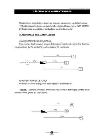 0004BA0104104 - ELETRICISTA INSTALADOR INDUSTRIAL
71
SENAI-PR
CÁLCULO DOS ALIMENTADORESCÁLCULO DOS ALIMENTADORES
No cálculo dos alimentadores devem ser seguidas as seguintes condições básicas:
1) Obediência aos limites de queda de tensão estabelecidos por norma (NBR 5410/90).
2) Obediência a capacidade de condução de corrente do condutor.
CLASSIFICAÇÃO DOS ALIMENTADORES
a) ALIMENTADORES DE ILUMINAÇÃO
Para este tipo de alimentador, a queda de tensão do medidor até o ponto final de consu-
mo, deverá ser de 4%, sendo 2% no alimentador e 2% nos ramais.
b) ALIMENTADORES DE FORÇA
Podemos encontrar as seguintes distribuições de alimentadores:
1) Radial - A carga é alimentada diretamente pelo quadro de distribuição, sendo a queda
máxima entre o quadro e a carga de 5%.
 