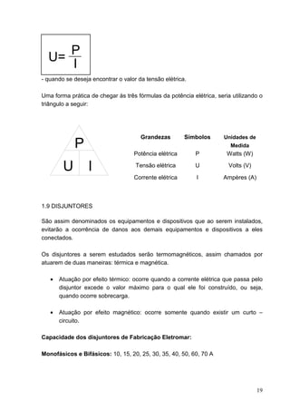 P
  U=
     I
- quando se deseja encontrar o valor da tensão elétrica.

Uma forma prática de chegar às três fórmulas da potência elétrica, seria utilizando o
triângulo a seguir:




                                      Grandezas        Símbolos       Unidades de
            P                                                           Medida
                                   Potência elétrica       P           Watts (W)

        U         I                 Tensão elétrica        U           Volts (V)

                                   Corrente elétrica       I         Ampères (A)



1.9 DISJUNTORES

São assim denominados os equipamentos e dispositivos que ao serem instalados,
evitarão a ocorrência de danos aos demais equipamentos e dispositivos a eles
conectados.

Os disjuntores a serem estudados serão termomagnéticos, assim chamados por
atuarem de duas maneiras: térmica e magnética.

   •   Atuação por efeito térmico: ocorre quando a corrente elétrica que passa pelo
       disjuntor excede o valor máximo para o qual ele foi construído, ou seja,
       quando ocorre sobrecarga.

   •   Atuação por efeito magnético: ocorre somente quando existir um curto –
       circuito.

Capacidade dos disjuntores de Fabricação Eletromar:

Monofásicos e Bifásicos: 10, 15, 20, 25, 30, 35, 40, 50, 60, 70 A




                                                                                    19
 