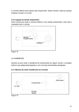 A corrente elétrica deve passar pelo amperímetro. Desta maneira, sabe-se quantos
ampères circulam no circuito.



2.3.2 Ligação do alicate amperímetro
Outra maneira de medir a corrente elétrica é com alicate amperímetro, onde não é
necessário abrir o circuito.




      N         Alicate
                Amperimetro
      F


                                     CARGA




Figura 14



2.4 OHMÍMETRO

Quando se quer medir a resistência de componentes em algum circuito, a condição
básica é que esteja desenergizado e com uma das extremidades desligadas.

2.4.1 Maneira de medir resistências em circuitos




                                                           Ohmímetro
          N
                          Componente
          F

   U= OxV


                          Circuito
                          Aberto
Figura 15




                                                                             29
 