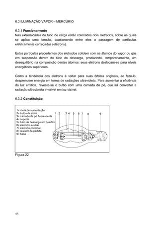 6.3 ILUMINAÇÃO VAPOR – MERCÚRIO

6.3.1 Funcionamento
Nas extremidades do tubo de carga estão colocados dois eletrodos, sobre as quais
se aplica uma tensão, ocasionando entre eles a passagem de partículas
eletricamente carregadas (elétrons).

Estas partículas procedentes dos eletrodos colidem com os átomos do vapor ou gás
em suspensão dentro do tubo de descarga, produzindo, temporariamente, um
desequilíbrio na composição destes átomos: seus elétrons deslocam-se para níveis
energéticos superiores.

Como a tendência dos elétrons é voltar para suas órbitas originais, ao faze-lo,
desprendem energia em forma de radiações ultravioleta. Para aumentar a eficiência
da luz emitida, reveste-se o bulbo com uma camada de pó, que irá converter a
radiação ultravioleta invisível em luz visível.

6.3.2 Constituição




Figura 22




46
 