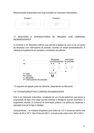 Representação esquemática das duas posições do interruptor intermediário.

            Posição 1                         Posição 2




7.7 MINUTEIRA E         INTERRUPTORES         DE   PRESSÃO       COM    LÂMPADAS
INCANDESCENTES

A minuteira é um dispositivo elétrico que permite a ligação de uma ou de um grupo
de lâmpadas com interruptores de pressão, durante um tempo preestabelecido. É
utilizada principalmente em escadas e corredores de edifícios.



                                             lâmpadas     interruptor
           F
                                           incandescentes de pressão
           N




           F= fase                     F N L P
           N= neutro
           L= lâmpada
                                            M
           P= interruptores de pressão


* O esquema de ligação pode ser diferente, dependendo do fabricante.

7.8 FOTOINTERRUPTOR E LÂMPADA INCANDESCENTE

Este é um interruptor automático, constituído de um circuito eletrônico, que possui a
propriedade de ligar uma carga quando anoitece e desliga-la quando amanhece. É
largamente utilizado no comando de iluminação pública e de pátios por dispensar a
operação manual de ligar e desligar.

Características – os modelos projetados para redes de 110 V funcionam dentro dos
limites de 60 a 140 V. Nos limites de 220 V, a tensão pode variar entre 160 e 240 V.




                                                                                  55
 