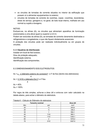 •     os circuitos de tomadas de corrente situados no interior da edificação que
       possam vir a alimentar equipamentos no exterior;
 •     circuitos de tomadas de corrente de cozinhas, copas –cozinhas, lavanderias,
       áreas de serviço, garagens e, no geral, de todo local interno, molhado em uso
       normal ou sujeito a lavagens.

NOTAS:
Excluem-se, na alínea (A), os circuitos que alimentam aparelhos de iluminação
posicionados a uma altura igual ou superior a 2,5 m.
Podem ser excluídas da alínea (D), as tomadas de corrente claramente destinadas a
refrigeradores e congeladores, e que não fiquem diretamente acessíveis.
A proteção dos circuitos pode ser realizada individualmente ou em grupos de
circuitos.

8.2.9 Quadros de distribuição
Instalar em local de fácil acesso;
Grau de proteção adequado;
Identificação externa;
Identificação dos componentes.



8.3 DIMENSIONAMENTO DOS ELETRODUTOS

Ac =    x (diâmetro externo do condutor)² x nº de fios (dentro dos eletrodutos)
                    4
Ac = 3,1416 x (diâmetro Ext.)² x nº fios
                4
Ac = 40%
Au = 100%

Por regra de três simples, acha-se a área útil e entra-se com valor calculado na
tabela abaixo, para achar o diâmetro do eletroduto.

Tabela 6 – Cálculo do Diâmetro do eletroduto
                     Tamanho nominal                                Área útil
             Mm                          pol.                         mm²
             20                           ½                           203,6
             25                           ¾                           346,3
             32                           1                           564,1
             40                          11/4                        962,1
             50                          11/2                        1244,1
             60                           2                          1979,2
             75                          21/2                        3327,0

                                                                                  75
 