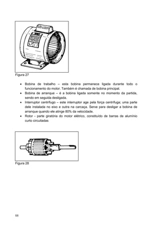 Figura 27

     •   Bobina de trabalho – esta bobina permanece ligada durante todo o
         funcionamento do motor. Também é chamada de bobina principal.
     •   Bobina de arranque – é a bobina ligada somente no momento da partida,
         sendo em seguida desligada.
     •   Interruptor centrífugo – este interruptor age pela força centrífuga; uma parte
         dele instalada no eixo e outra na carcaça. Serve para desligar a bobina de
         arranque quando ele atinge 80% da velocidade.
     •   Rotor - parte giratória do motor elétrico, constituído de barras de alumínio
         curto circuitadas




Figura 28




88
 