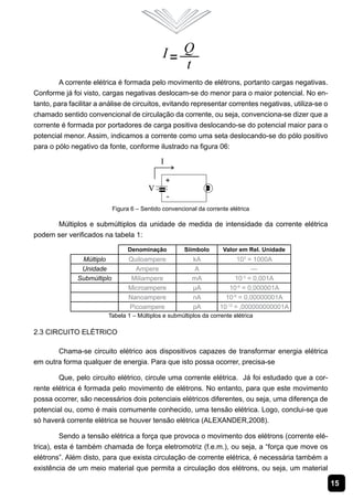 A corrente elétrica é formada pelo movimento de elétrons, portanto cargas negativas.
Conforme já foi visto, cargas negativas deslocam-se do menor para o maior potencial. No en-
tanto, para facilitar a análise de circuitos, evitando representar correntes negativas, utiliza-se o
chamado sentido convencional de circulação da corrente, ou seja, convenciona-se dizer que a
corrente é formada por portadores de carga positiva deslocando-se do potencial maior para o
potencial menor. Assim, indicamos a corrente como uma seta deslocando-se do pólo positivo
para o pólo negativo da fonte, conforme ilustrado na figura 06:




                            Figura 6 – Sentido convencional da corrente elétrica

      Múltiplos e submúltiplos da unidade de medida de intensidade da corrente elétrica
podem ser verificados na tabela 1:

                                 Denominação           Siímbolo       Valor em Rel. Unidade
               Múltiplo           Quiloampere             kA               103 = 1000A
               Unidade              Ampere                 A                    —
              Submúltiplo          Miliampere             mA              10 = 0,001A
                                                                             -3


                                  Microampere             µA            10-6 = 0,000001A
                                  Nanoampere              nA          10-9 = 0,00000001A
                                  Picoampere              pA        10-12 = ,000000000001A
                         Tabela 1 – Múltiplos e submúltiplos da corrente elétrica

2.3 Circuito Elétrico

       Chama-se circuito elétrico aos dispositivos capazes de transformar energia elétrica
em outra forma qualquer de energia. Para que isto possa ocorrer, precisa-se

        Que, pelo circuito elétrico, circule uma corrente elétrica. Já foi estudado que a cor-
rente elétrica é formada pelo movimento de elétrons. No entanto, para que este movimento
possa ocorrer, são necessários dois potenciais elétricos diferentes, ou seja, uma diferença de
potencial ou, como é mais comumente conhecido, uma tensão elétrica. Logo, conclui-se que
só haverá corrente elétrica se houver tensão elétrica (ALEXANDER,2008).

         Sendo a tensão elétrica a força que provoca o movimento dos elétrons (corrente elé-
trica), esta é também chamada de força eletromotriz (f.e.m.), ou seja, a “força que move os
elétrons”. Além disto, para que exista circulação de corrente elétrica, é necessária também a
existência de um meio material que permita a circulação dos elétrons, ou seja, um material

                                                                                                       15
 