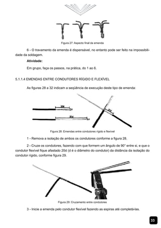 Figura 27: Aspecto final da emenda

       6 - O travamento da emenda é dispensável, no entanto pode ser feito na impossibili-
dade da soldagem.
       Atividade:

       Em grupo, faça os passos, na prática, do 1 ao 6.


5.1.1.4 Emendas entre Condutores Rígido e Flexível

       As figuras 28 a 32 indicam a seqüência de execução deste tipo de emenda:




                        Figura 28: Emendas entre condutores rígido e flexível

       1 - Remova a isolação de ambos os condutores conforme a figura 28.

       2 - Cruze os condutores, fazendo com que formem um ângulo de 90° entre si, e que o
condutor flexível fique afastado 20d (d é o diâmetro do condutor) da distância da isolação do
condutor rígido, conforme figura 29.




                              Figura 29: Cruzamento entre condutores

       3 - Inicie a emenda pelo condutor flexível fazendo as espiras até completá-las.


                                                                                                33
 