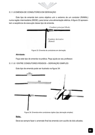5.1.1.6 Emenda de Condutores em Derivação

       Este tipo de emenda tem como objetivo unir o extremo de um condutor (RAMAL)
numa região intermediária (REDE), para tomar uma alimentação elétrica. A figura 33 apresen-
tam a seqüência de execução desse tipo de emenda.




                          Figura 33: Emenda de condutores em derivação

       Atividade:

       Faça este tipo de emenda na prática. Peça ajuda ao seu professor.

5.1.1.6.1 Entre Condutores Rígidos – Derivação Simples

       Este tipo de emenda pode ser ilustrado na figura 34:




                 Figura 34: Emenda entre condutores rígidos (tipo derivação simples)

       Nota:

       Deve-se sempre fazer o arremate final da emenda com auxílio de dois alicates.




                                                                                              35
 