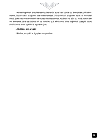 Para dois pontos em um mesmo ambiente, acha-se o centro do ambiente e, posterior-
mente, traçam-se as diagonais das duas metades. O traçado das diagonais deve ser feito bem
fraco, para não confundir com o traçado dos eletrodutos. Quando há dois ou mais pontos em
um ambiente, deve-se localizá-los de tal forma que a distância entre os pontos (l) seja o dobro
da distância entre o ponto e a parede (l/2).

        Atividade em grupo:

        Realize, na prática, ligações em paralelo.




                                                                                                  61
 