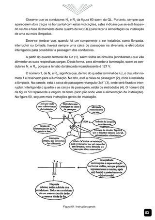 53
Observe que os condutores N1
e R1
da figura 60 saem do QL. Portanto, sempre que
aparecerem dois traços na horizontal com estas indicações, estes indicam que se está trazen-
do neutro e fase diretamente deste quadro de luz (QL) para fazer a alimentação ou instalação
de uma ou mais lâmpadas.
Deve-se lembrar que, quando há um componente a ser instalado, como lâmpada,
interruptor ou tomada, haverá sempre uma caixa de passagem na alvenaria, e eletrodutos
interligados para possibilitar a passagem dos condutores.
A partir do quadro terminal de luz (1), saem todos os circuitos (condutores) que vão
alimentar as suas respectivas cargas. Desta forma, para alimentar a iluminação, saem os con-
dutores N1
e R1
, porque a tensão da lâmpada incandescente é 127 V.
O número 1, de N1
e R1
, significa que, dentro do quadro terminal de luz, o disjuntor nú-
mero 1 é reservado para a iluminação. No teto, está a caixa de passagem (2), onde é instalada
a lâmpada. Na parede, está a caixa de passagem retangular 2x4” (3), onde será fixado o inter-
ruptor. Interligando o quadro e as caixas de passagem, estão os eletrodutos (4). O número (5)
da figura 59 representa a origem da fonte (lado por onde vem a alimentação da instalação).
Na figura 60, seguem mais instruções gerais de instalação.
Figura 61: Instruções gerais
 