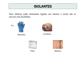 ISOLANTES
Seus elétrons estão fortemente ligados aos átomos e assim não se
movem com facilidade.
Ex:
Borracha Cerâmica
Vidro Madeira
 