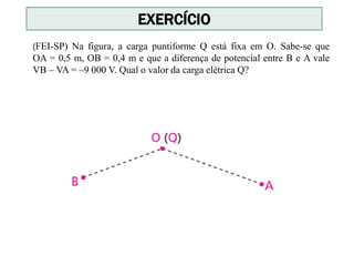 (FEI-SP) Na figura, a carga puntiforme Q está fixa em O. Sabe-se que
OA = 0,5 m, OB = 0,4 m e que a diferença de potencial entre B e A vale
VB – VA = –9 000 V. Qual o valor da carga elétrica Q?
EXERCÍCIO
 
