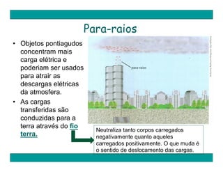 Para-raios
• Objetos pontiagudos
  concentram mais
  carga elétrica e
  poderiam ser usados
  para atrair as
  descargas elétricas
  da atmosfera.
• As cargas
  transferidas são
  conduzidas para a
  terra através do fio
                         Neutraliza tanto corpos carregados
  terra.                 negativamente quanto aqueles
                         carregados positivamente. O que muda é
                         o sentido de deslocamento das cargas.
 
