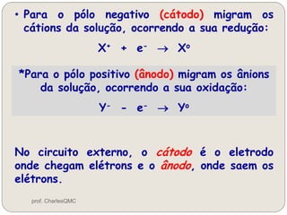 • Para o pólo negativo (cátodo) migram os
cátions da solução, ocorrendo a sua redução:
X+ + e-  Xo
*Para o pólo positivo (ânodo) migram os ânions
da solução, ocorrendo a sua oxidação:
Y- - e-  Yo
No circuito externo, o cátodo é o eletrodo
onde chegam elétrons e o ânodo, onde saem os
elétrons.
prof. CharlesQMC
 