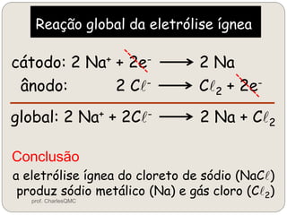 Reação global da eletrólise ígnea
cátodo: 2 Na+ + 2e- 2 Na
ânodo: 2 Cl- Cl2 + 2e-
global: 2 Na+ + 2Cl- 2 Na + Cl2
a eletrólise ígnea do cloreto de sódio (NaCl)
produz sódio metálico (Na) e gás cloro (Cl2)
Conclusão
prof. CharlesQMC
 
