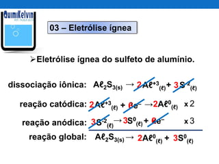 03 – Eletrólise ígnea
Eletrólise ígnea do sulfeto de alumínio.
dissociação iônica:
reação catódica:
reação anódica:
reação global:
Aℓ2S3(s) → Aℓ+3
(ℓ)+ S-2
(ℓ)2 3
Aℓ+3
(ℓ) + 3e– → Aℓ0
(ℓ)
S-2
(ℓ)
→ S0
(ℓ) + 2e–
Aℓ2S3(s) → 2Aℓ0
(ℓ) + 3S0
(ℓ)
x 2
x 3
2 6 2
3 3 6
 