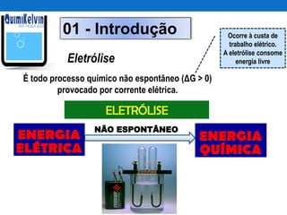 01 - Introdução Ocorre à custa de
trabalho elétrico.
A eletrólise consome
energia livre
É todo processo químico não espontâneo (ΔG > 0)
provocado por corrente elétrica.
Eletrólise
ELETRÓLISE
NÃO ESPONTÂNEO
 