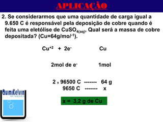 APLICAÇÃO
2. Se considerarmos que uma quantidade de carga igual a
9.650 C é responsável pela deposição de cobre quando é
feita uma eletólise de CuSO4(aq), Qual será a massa de cobre
depositada? (Cu=64g/mo/-1).
2mol de e- 1mol
Cu+2 + 2e- Cu
9650 C ------- x
2 x 96500 C ------- 64 g
x = 3,2 g de Cu
 