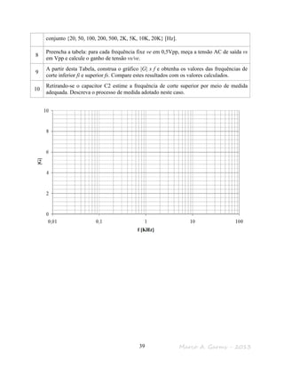 Marco A. Garms - 201339
conjunto {20, 50, 100, 200, 500, 2K, 5K, 10K, 20K} [Hz].
8
Preencha a tabela: para cada frequência fixe ve em 0,5Vpp, meça a tensão AC de saída vs
em Vpp e calcule o ganho de tensão vs/ve.
9
A partir desta Tabela, construa o gráfico |G| x f e obtenha os valores das frequências de
corte inferior fi e superior fs. Compare estes resultados com os valores calculados.
10
Retirando-se o capacitor C2 estime a frequência de corte superior por meio de medida
adequada. Descreva o processo de medida adotado neste caso.
 