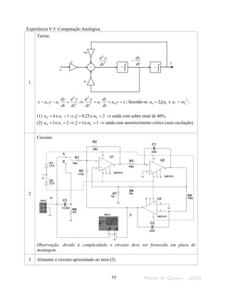 Marco A. Garms - 201355
Experiência V.5: Computação Analógica.
1
Teoria:
xya
dt
dy
a
dt
yd
dt
yd
dt
dy
ayax =++⇒=−− 012
2
2
2
10 ; fazendo-se na ξω20 = e
2
1 na ω= :
(1) 2e25,01e4 10 ==⇒== naa ωξ ⇒ saída com sobre sinal de 40%.
(2) 1e12e1 10 ==⇒== naa ωξ ⇒ saída com amortecimento critico (sem oscilação).
2
Circuito:
Observação: devido à complexidade o circuito deve ser fornecido em placa de
montagem.
3 Alimente o circuito apresentado no item (2).
+ ∫− ∫−
ydt
dy
−2
2
dt
yd
-1
a1
-a0
-x
A
B
-x
y
 